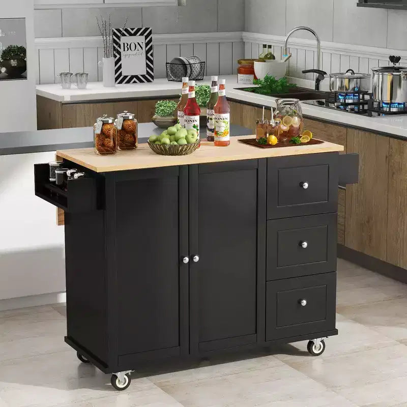 Rolling Mobile Kitchen Island with Solid Wood Top and Locking Wheels,Storage Cabinet and Drop Leaf Breakfast Bar, Spice Rack, Towel Rack & Drawer