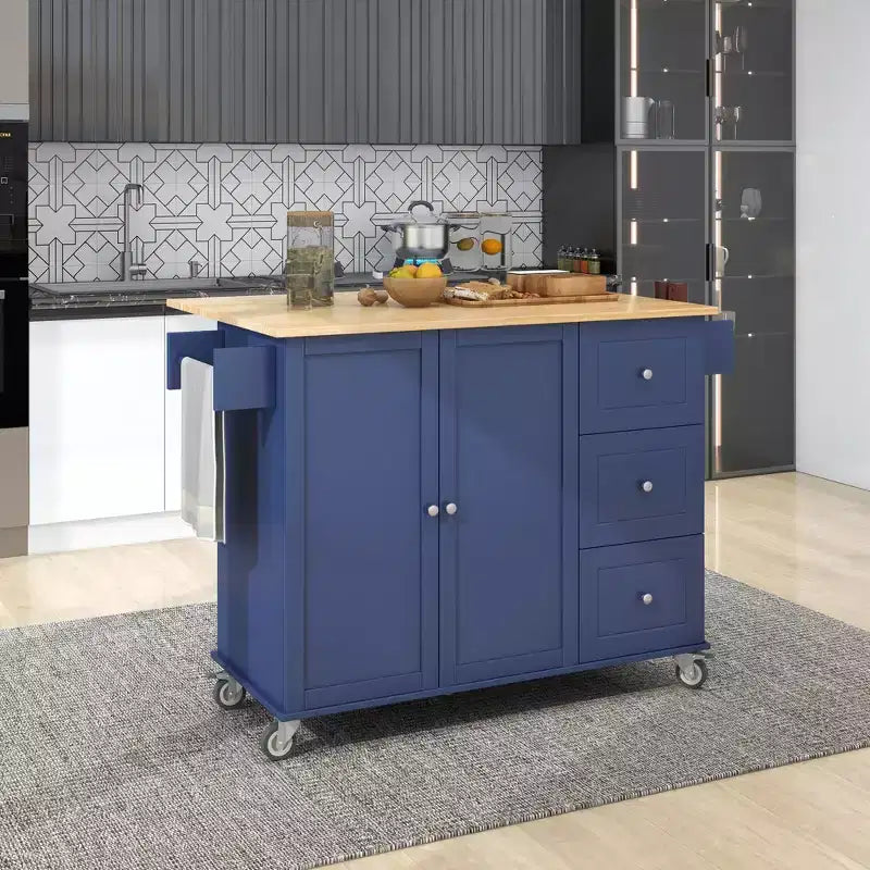 Rolling Mobile Kitchen Island with Solid Wood Top and Locking Wheels,Storage Cabinet and Drop Leaf Breakfast Bar, Spice Rack, Towel Rack & Drawer