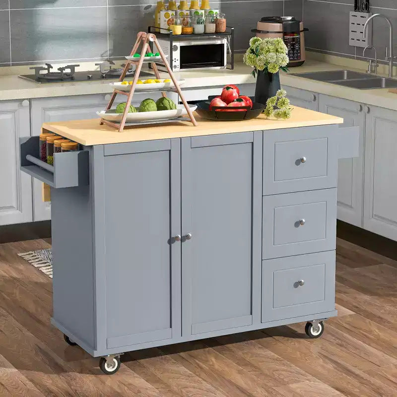 Rolling Mobile Kitchen Island with Solid Wood Top and Locking Wheels,Storage Cabinet and Drop Leaf Breakfast Bar, Spice Rack, Towel Rack & Drawer