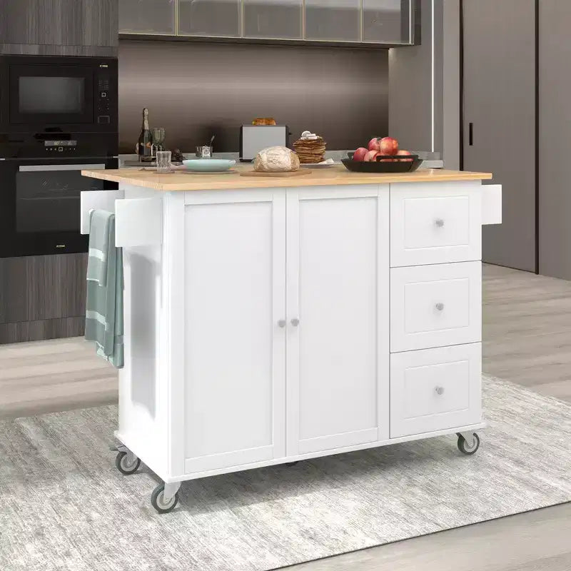 Rolling Mobile Kitchen Island with Solid Wood Top and Locking Wheels,Storage Cabinet and Drop Leaf Breakfast Bar, Spice Rack, Towel Rack & Drawer