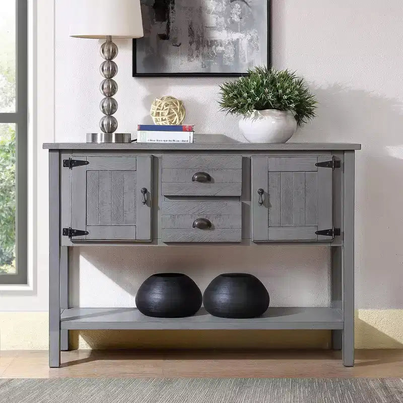 GustoWave 48'' Entry Table with 2 Drawers and Cabinets, Farmhouse Sofa Table, Solid Wood Sofa Table with Shelves, Gray