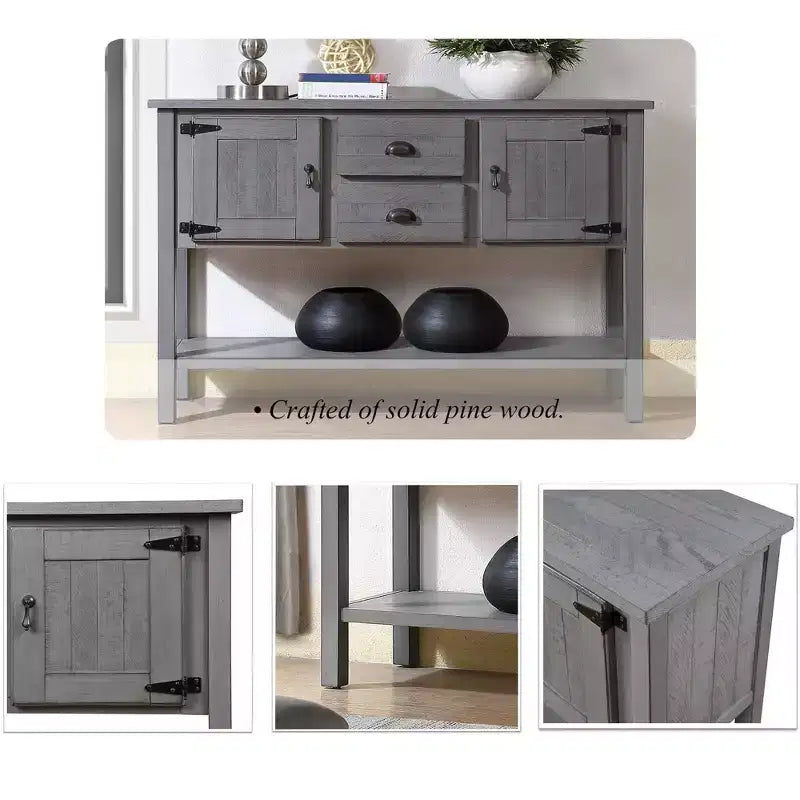 GustoWave 48'' Entry Table with 2 Drawers and Cabinets, Farmhouse Sofa Table, Solid Wood Sofa Table with Shelves, Gray