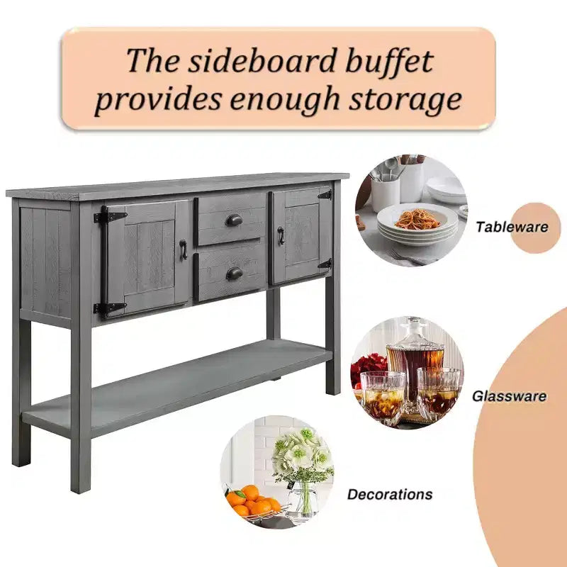 GustoWave 48'' Entry Table with 2 Drawers and Cabinets, Farmhouse Sofa Table, Solid Wood Sofa Table with Shelves, Gray