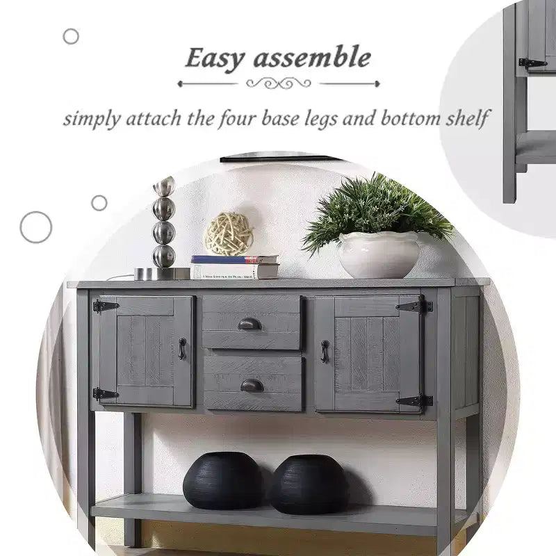 GustoWave 48'' Entry Table with 2 Drawers and Cabinets, Farmhouse Sofa Table, Solid Wood Sofa Table with Shelves, Gray