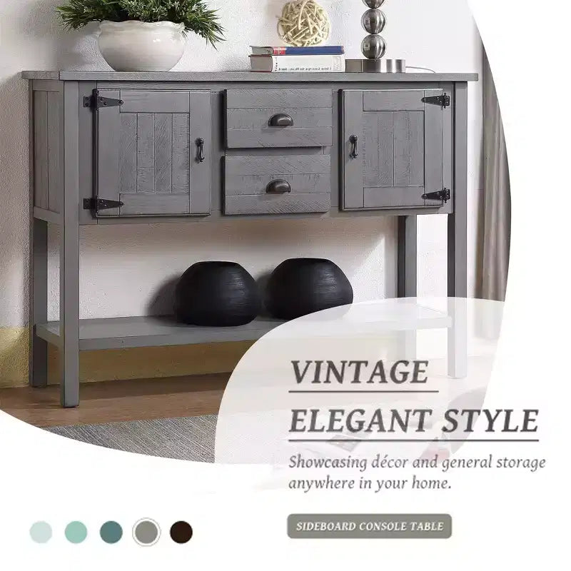 GustoWave 48'' Entry Table with 2 Drawers and Cabinets, Farmhouse Sofa Table, Solid Wood Sofa Table with Shelves, Gray