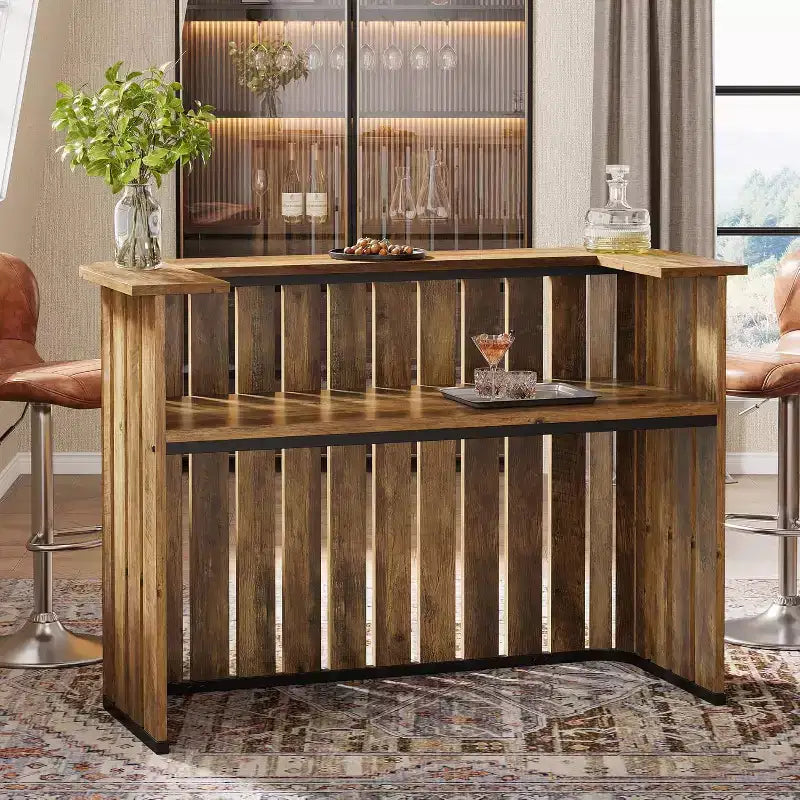 Lantine 63-Inch Home Bar Unit, 2-Tier Farmhouse Liquor Bar Table with Storage Shelves, Wine Bar Cabinet Mini Bar Table for Home Pub, Bistro