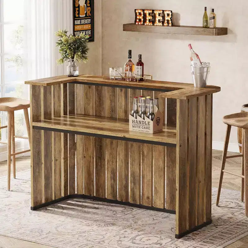 Lantine 63-Inch Home Bar Unit, 2-Tier Farmhouse Liquor Bar Table with Storage Shelves, Wine Bar Cabinet Mini Bar Table for Home Pub, Bistro