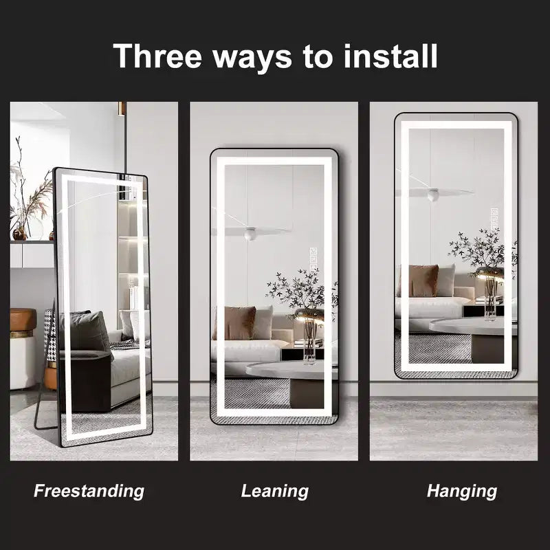 Whisen Full-Length Dressing Mirror with 3-Color Dimmable Light and Aluminum Frame, Wall Mount or Floor Bracket Standing, 21x64 - Black