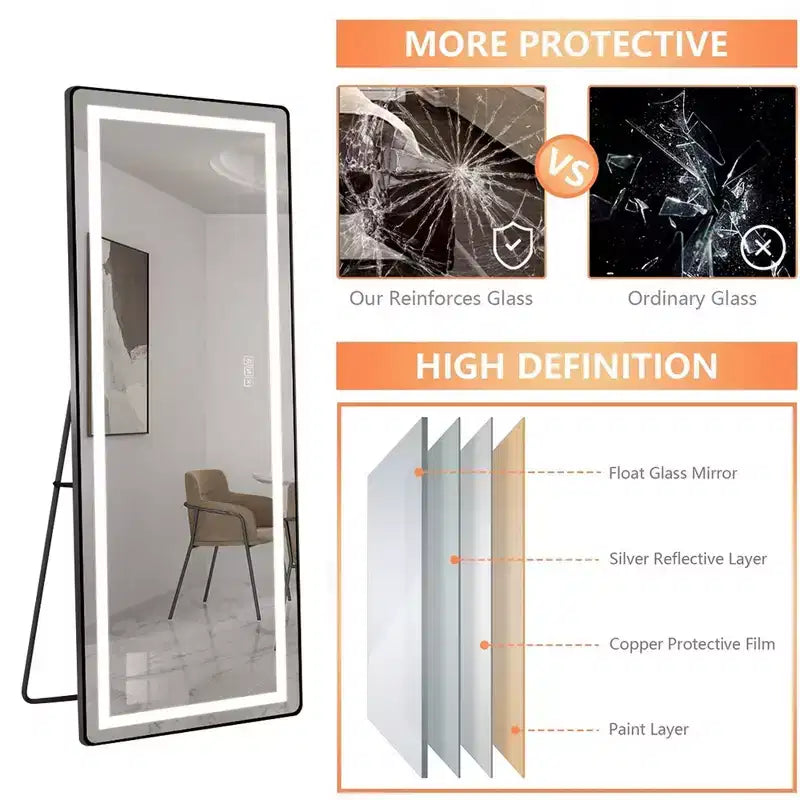 Whisen Full-Length Dressing Mirror with 3-Color Dimmable Light and Aluminum Frame, Wall Mount or Floor Bracket Standing, 21x64 - Black