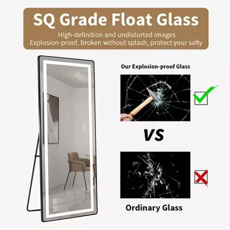 Whisen Full-Length Dressing Mirror with 3-Color Dimmable Light and Aluminum Frame, Wall Mount or Floor Bracket Standing, 21x64 - Black