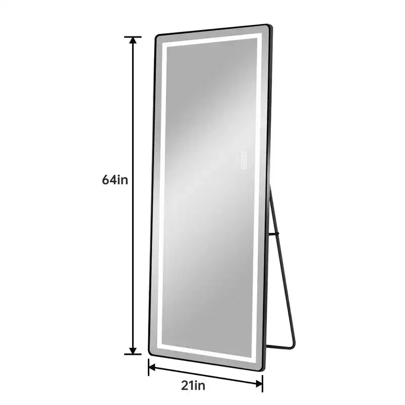 Whisen Full-Length Dressing Mirror with 3-Color Dimmable Light and Aluminum Frame, Wall Mount or Floor Bracket Standing, 21x64 - Black