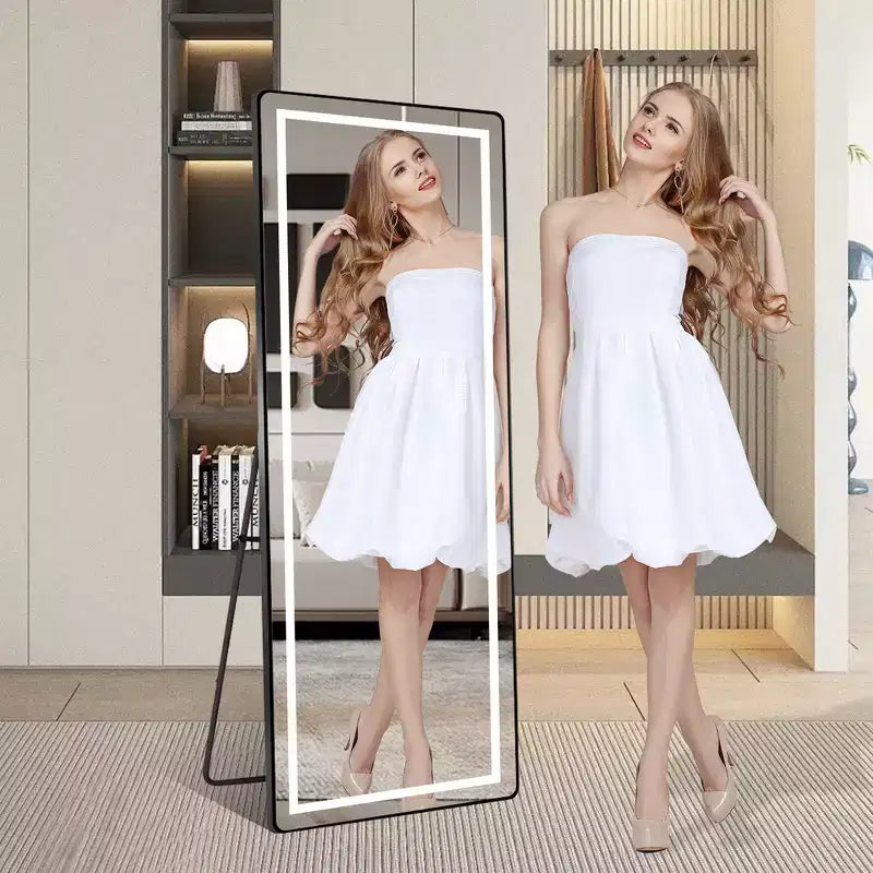 Whisen Full-Length Dressing Mirror with 3-Color Dimmable Light and Aluminum Frame, Wall Mount or Floor Bracket Standing, 21x64 - Black