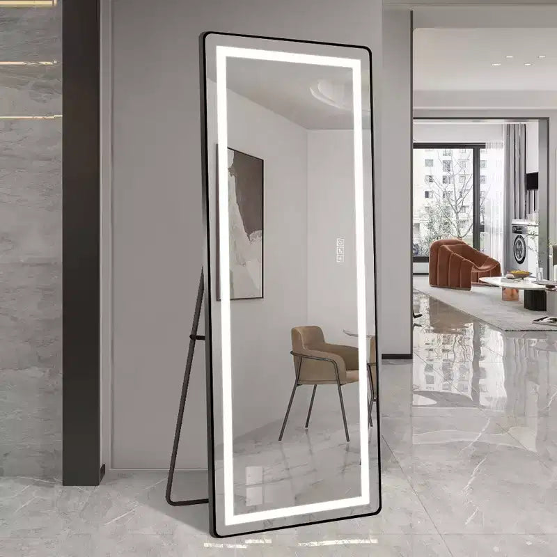 Whisen Full-Length Dressing Mirror with 3-Color Dimmable Light and Aluminum Frame, Wall Mount or Floor Bracket Standing, 21x64 - Black