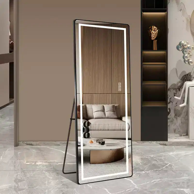Whisen Full-Length Dressing Mirror with 3-Color Dimmable Light and Aluminum Frame, Wall Mount or Floor Bracket Standing, 21x64 - Black