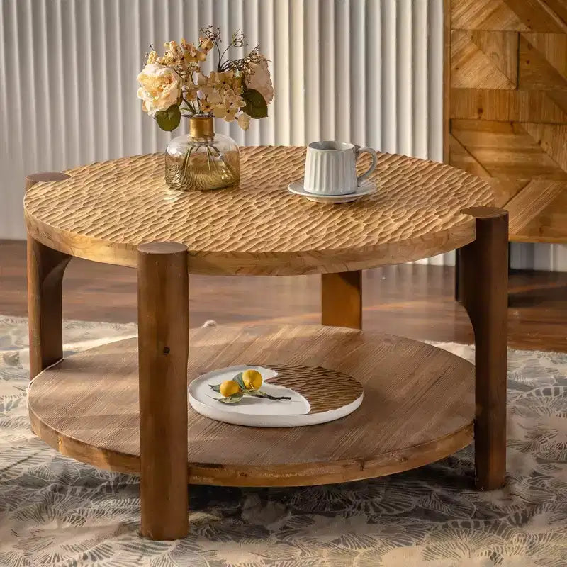 CLIHOME Mid Century Round Coffee Table with Solid Wood for Living Room, 2-Tier Round Coffee Table with Storage Shelf