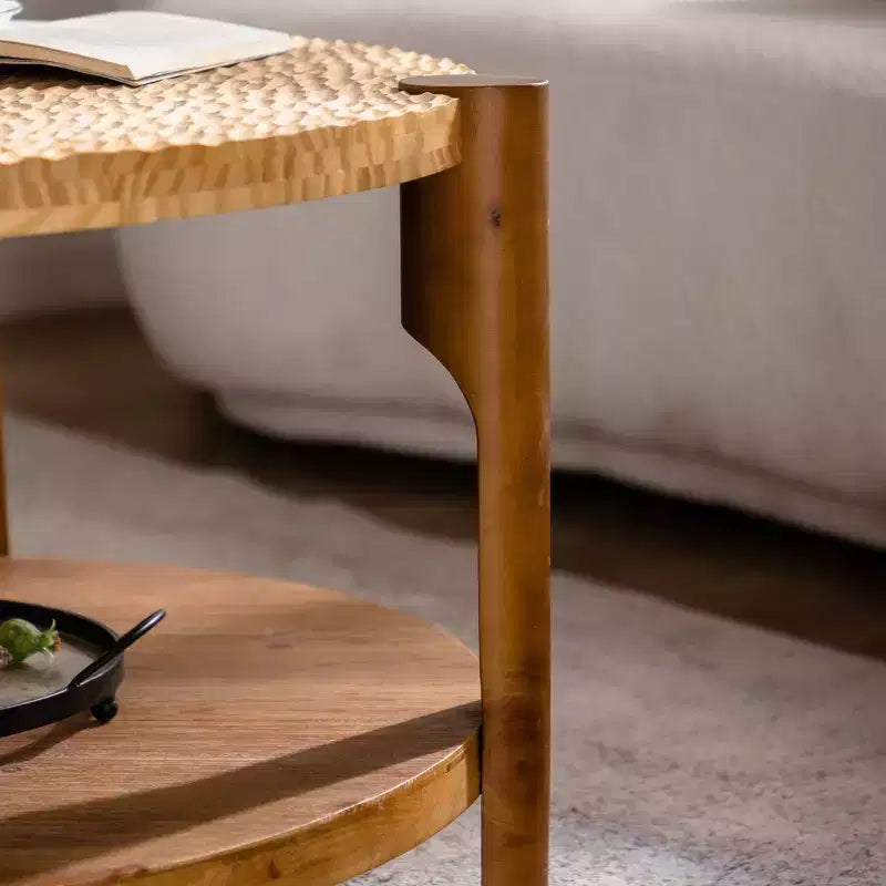CLIHOME Mid Century Round Coffee Table with Solid Wood for Living Room, 2-Tier Round Coffee Table with Storage Shelf