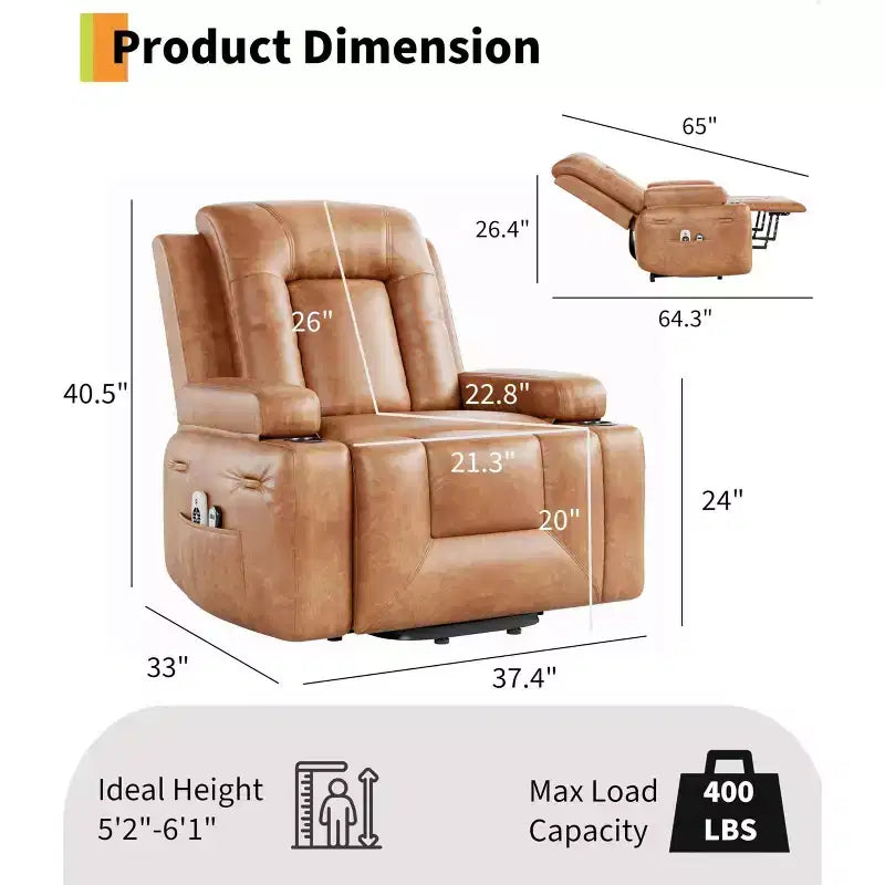 Large Faux Leather Power Lift Recliner - Heat and Massage, Oversized Upholstered Reclining Sofa for Adults, Padded Home Theater Seating