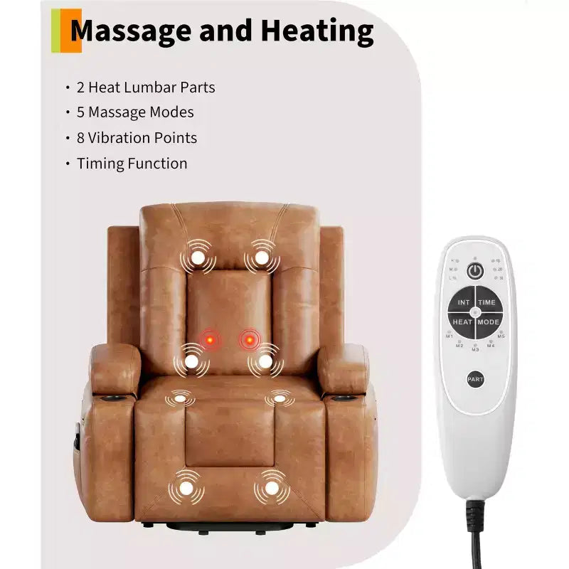Large Faux Leather Power Lift Recliner - Heat and Massage, Oversized Upholstered Reclining Sofa for Adults, Padded Home Theater Seating