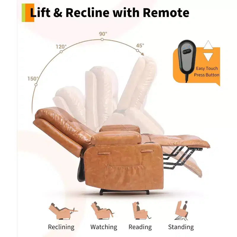 Large Faux Leather Power Lift Recliner - Heat and Massage, Oversized Upholstered Reclining Sofa for Adults, Padded Home Theater Seating