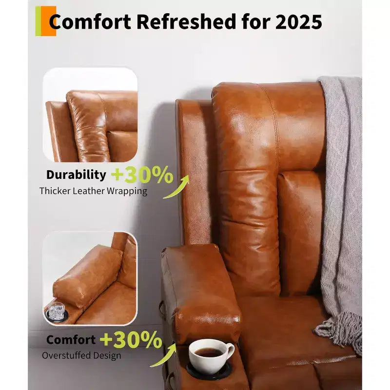 Large Faux Leather Power Lift Recliner - Heat and Massage, Oversized Upholstered Reclining Sofa for Adults, Padded Home Theater Seating