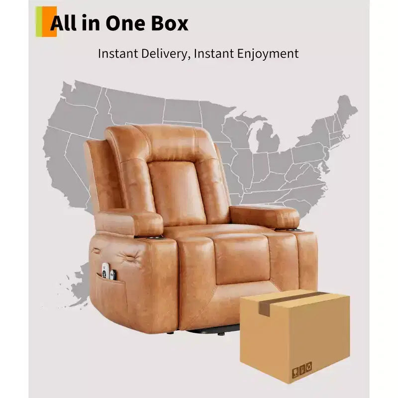 Large Faux Leather Power Lift Recliner - Heat and Massage, Oversized Upholstered Reclining Sofa for Adults, Padded Home Theater Seating