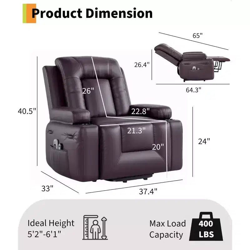 Large Faux Leather Power Lift Recliner - Heat and Massage, Oversized Upholstered Reclining Sofa for Adults, Padded Home Theater Seating