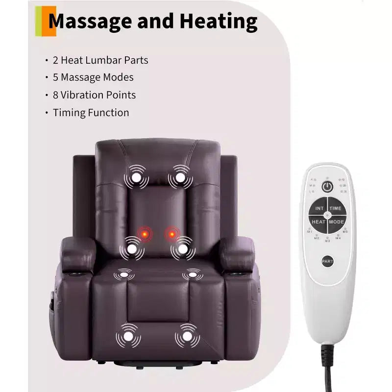 Large Faux Leather Power Lift Recliner - Heat and Massage, Oversized Upholstered Reclining Sofa for Adults, Padded Home Theater Seating