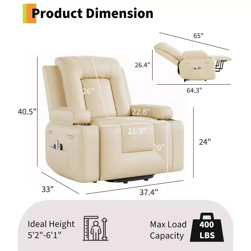 Large Faux Leather Power Lift Recliner - Heat and Massage, Oversized Upholstered Reclining Sofa for Adults, Padded Home Theater Seating