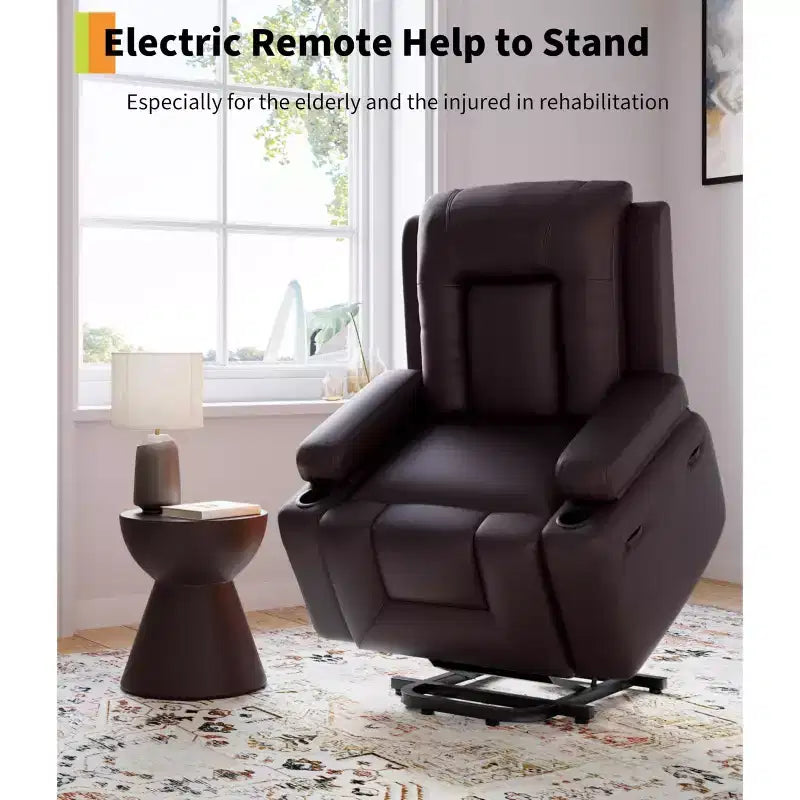 Large Faux Leather Power Lift Recliner - Heat and Massage, Oversized Upholstered Reclining Sofa for Adults, Padded Home Theater Seating