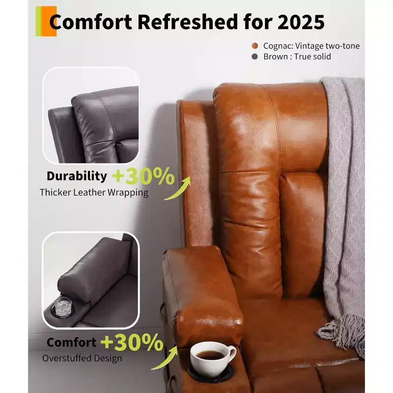 Large Faux Leather Power Lift Recliner - Heat and Massage, Oversized Upholstered Reclining Sofa for Adults, Padded Home Theater Seating