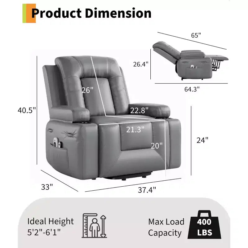 Large Faux Leather Power Lift Recliner - Heat and Massage, Oversized Upholstered Reclining Sofa for Adults, Padded Home Theater Seating