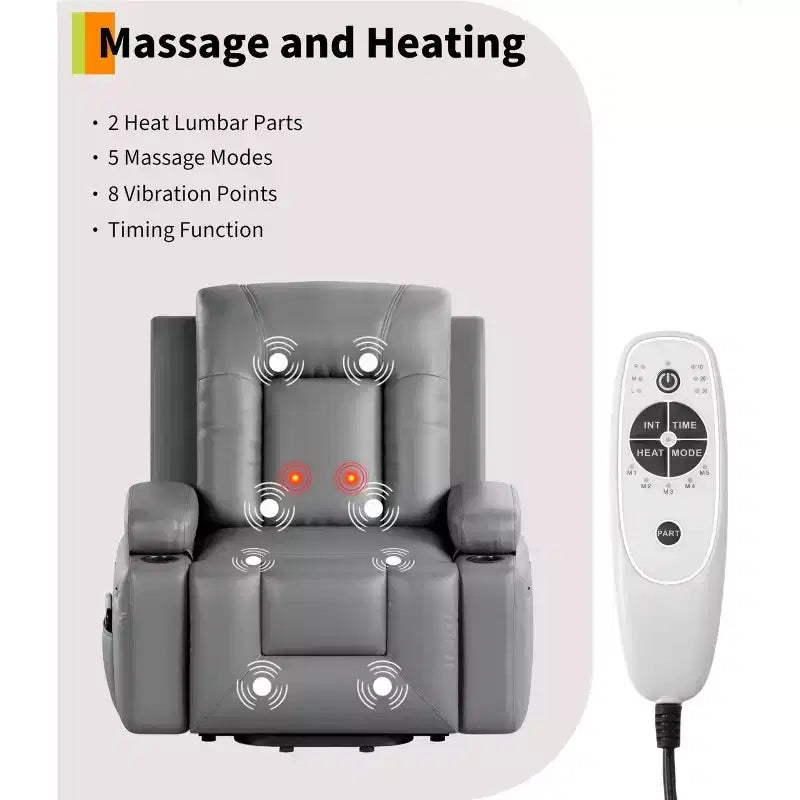 Large Faux Leather Power Lift Recliner - Heat and Massage, Oversized Upholstered Reclining Sofa for Adults, Padded Home Theater Seating