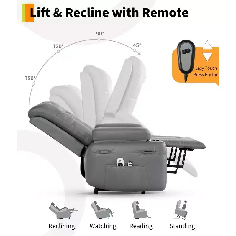 Large Faux Leather Power Lift Recliner - Heat and Massage, Oversized Upholstered Reclining Sofa for Adults, Padded Home Theater Seating