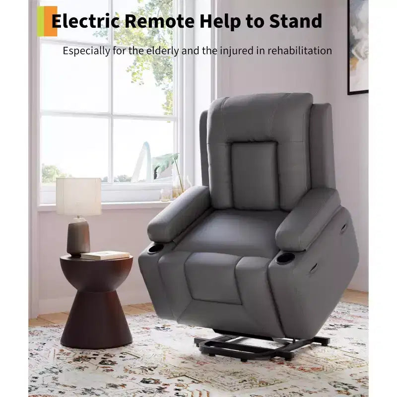 Large Faux Leather Power Lift Recliner - Heat and Massage, Oversized Upholstered Reclining Sofa for Adults, Padded Home Theater Seating