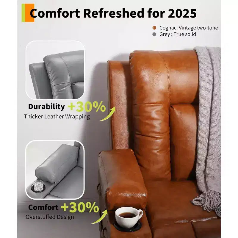 Large Faux Leather Power Lift Recliner - Heat and Massage, Oversized Upholstered Reclining Sofa for Adults, Padded Home Theater Seating