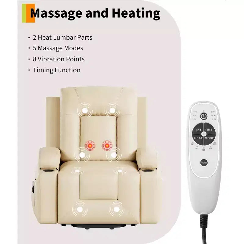 Large Faux Leather Power Lift Recliner - Heat and Massage, Oversized Upholstered Reclining Sofa for Adults, Padded Home Theater Seating