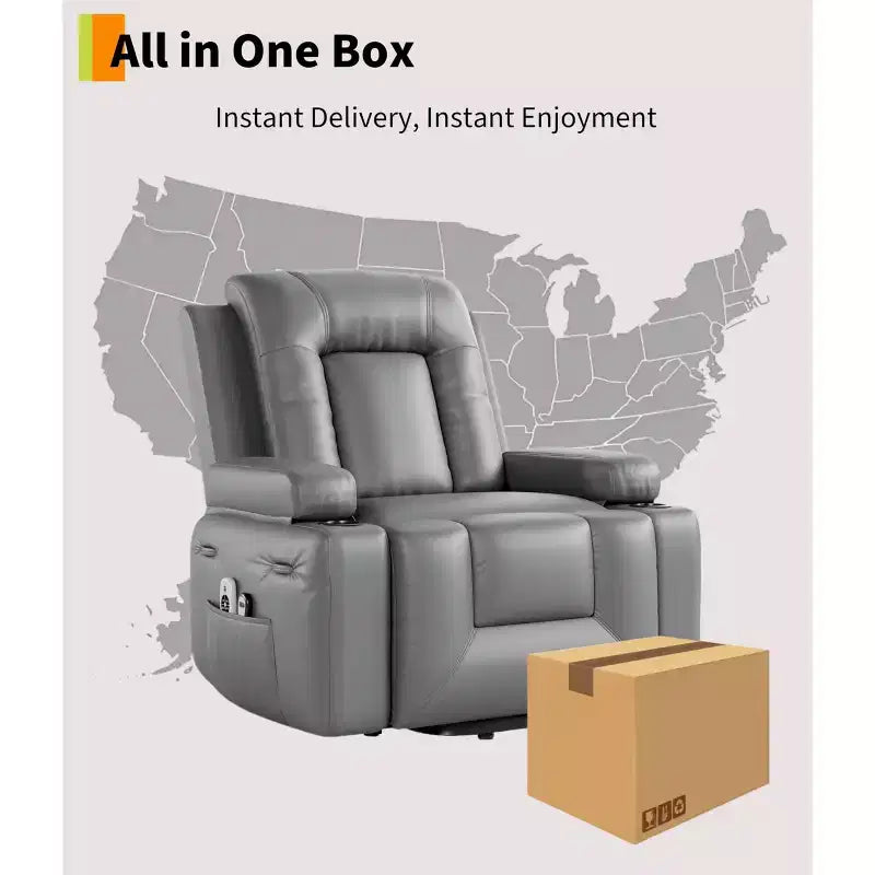 Large Faux Leather Power Lift Recliner - Heat and Massage, Oversized Upholstered Reclining Sofa for Adults, Padded Home Theater Seating