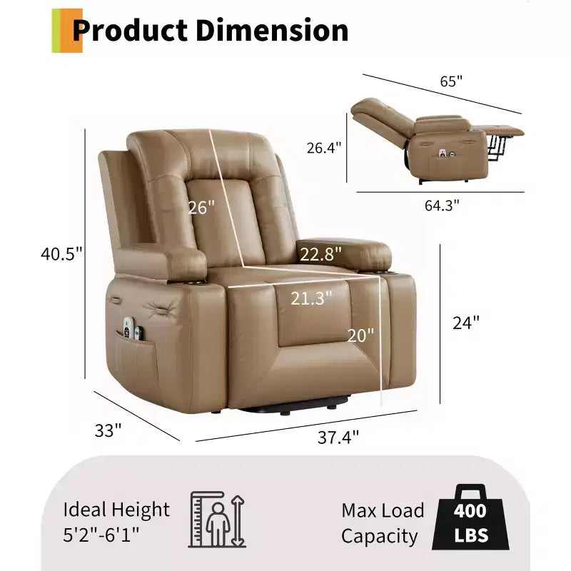 Large Faux Leather Power Lift Recliner - Heat and Massage, Oversized Upholstered Reclining Sofa for Adults, Padded Home Theater Seating