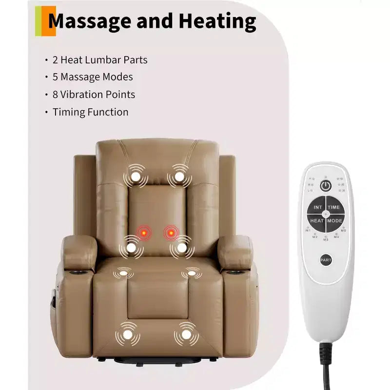 Large Faux Leather Power Lift Recliner - Heat and Massage, Oversized Upholstered Reclining Sofa for Adults, Padded Home Theater Seating