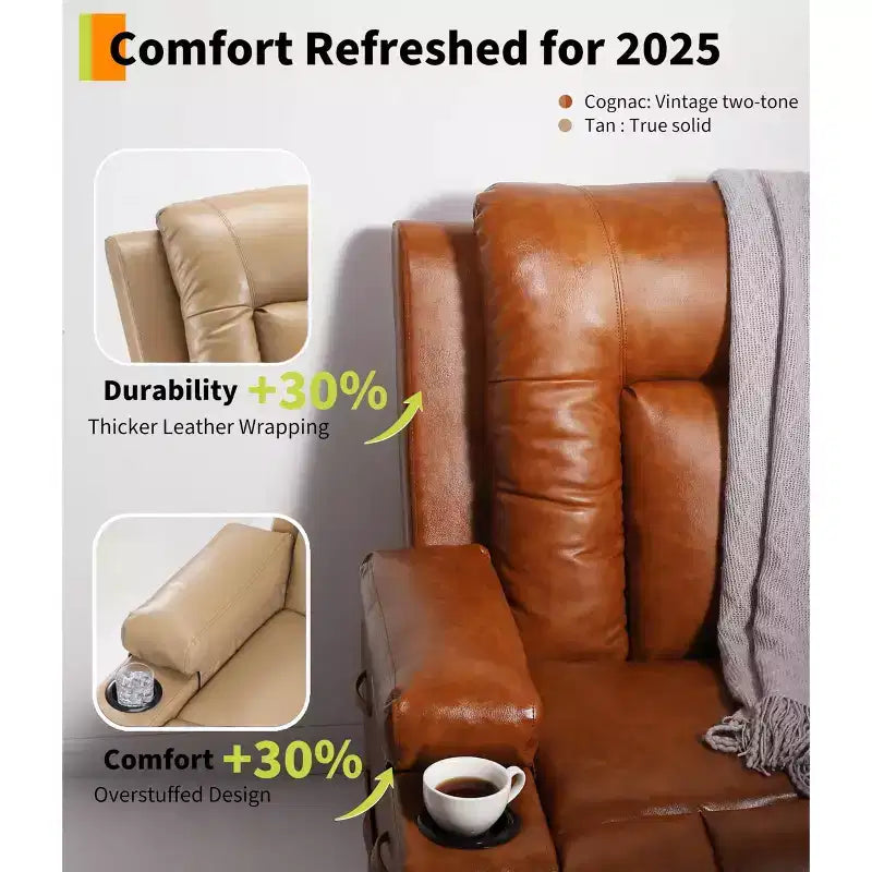 Large Faux Leather Power Lift Recliner - Heat and Massage, Oversized Upholstered Reclining Sofa for Adults, Padded Home Theater Seating