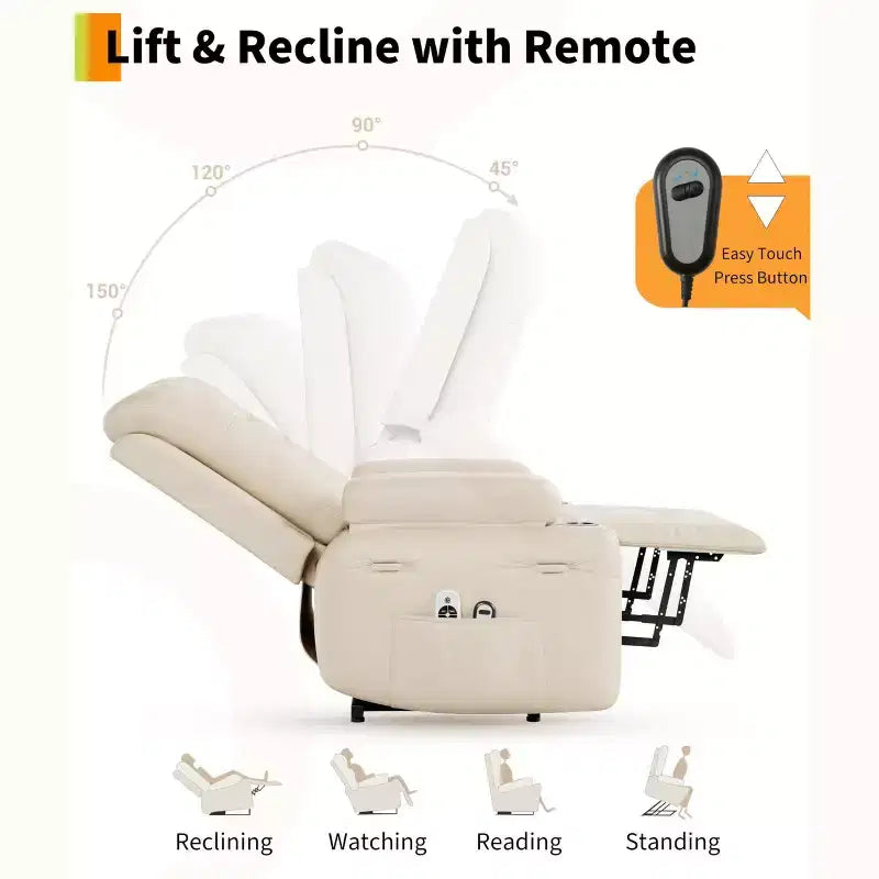 Large Faux Leather Power Lift Recliner - Heat and Massage, Oversized Upholstered Reclining Sofa for Adults, Padded Home Theater Seating