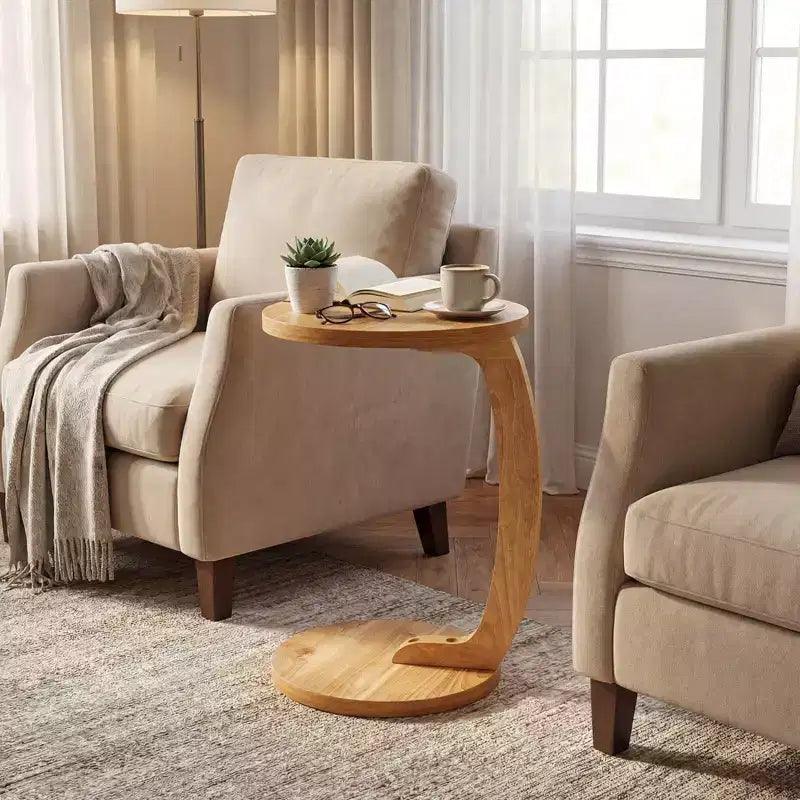 Costway 1/2 PCS Round C-shaped Side Table, 24 Solid Teak Wood End Table with Thickened Top