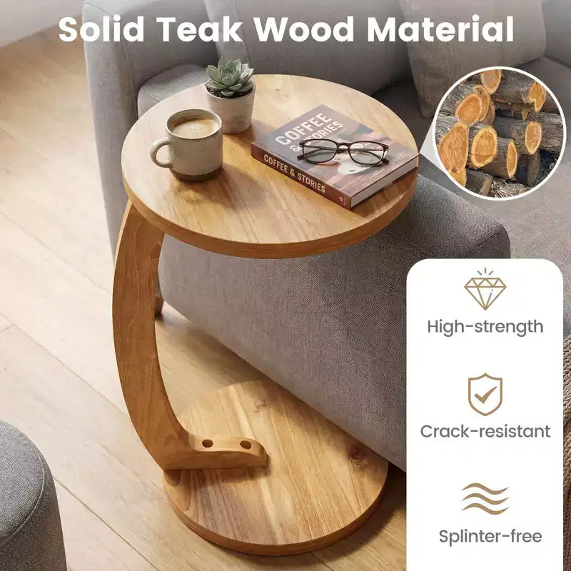 Costway 1/2 PCS Round C-shaped Side Table, 24 Solid Teak Wood End Table with Thickened Top