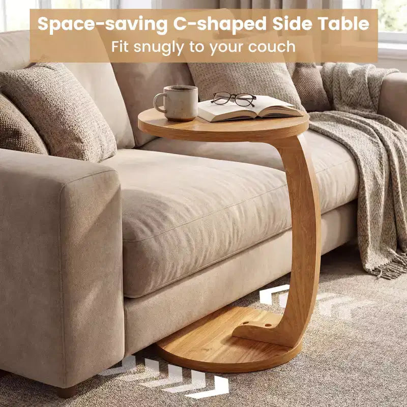 Costway 1/2 PCS Round C-shaped Side Table, 24 Solid Teak Wood End Table with Thickened Top