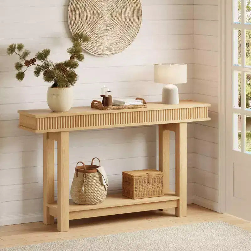 Modern Farmhouse Fluted Console Table - 2-Tier Narrow Wood Entryway Table with Storage Shelf - Rectangular Sofa Table for Hallway & Foyer