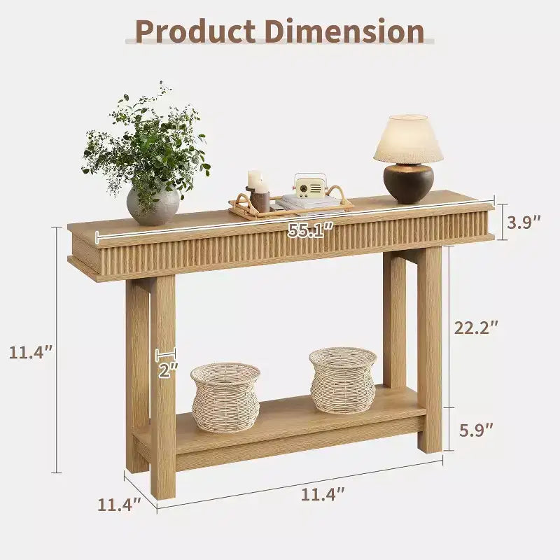 Modern Farmhouse Fluted Console Table - 2-Tier Narrow Wood Entryway Table with Storage Shelf - Rectangular Sofa Table for Hallway & Foyer