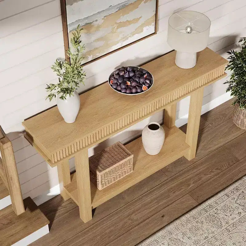 Modern Farmhouse Fluted Console Table - 2-Tier Narrow Wood Entryway Table with Storage Shelf - Rectangular Sofa Table for Hallway & Foyer