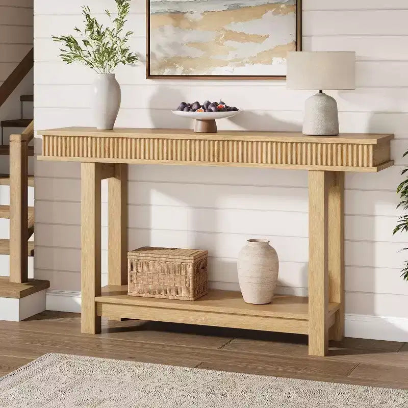 Modern Farmhouse Fluted Console Table - 2-Tier Narrow Wood Entryway Table with Storage Shelf - Rectangular Sofa Table for Hallway & Foyer