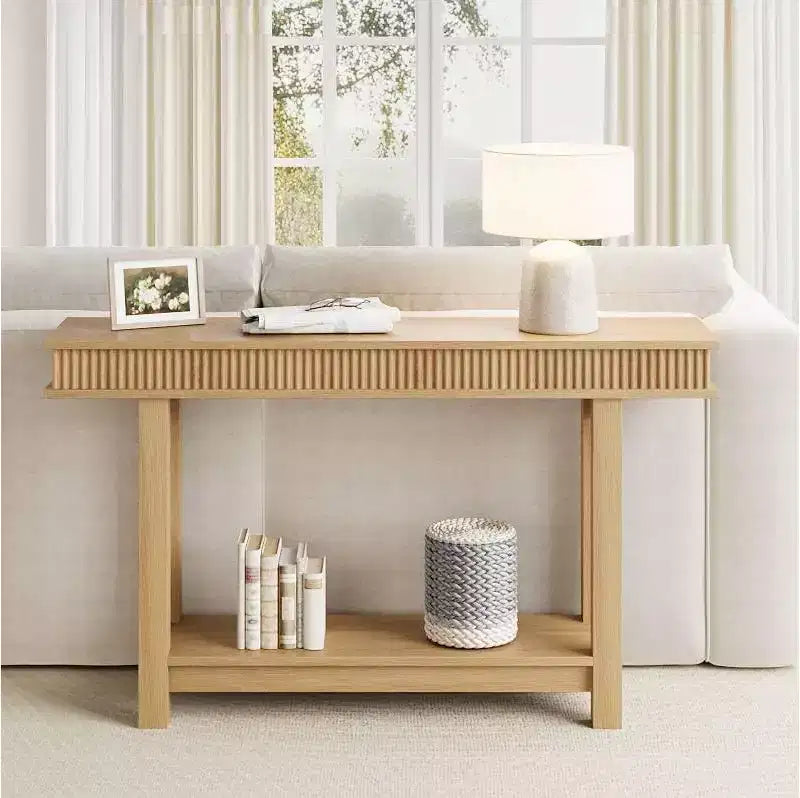 Modern Farmhouse Fluted Console Table - 2-Tier Narrow Wood Entryway Table with Storage Shelf - Rectangular Sofa Table for Hallway & Foyer