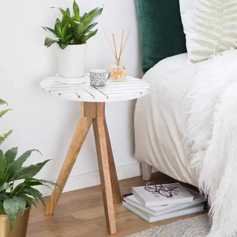 Amari Round Side Table with Brass Inlay Top White - Adore Decor: Marble Look, Tripod Base, No Assembly Required